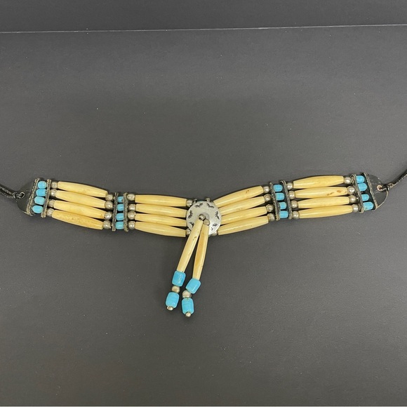 Vintage Native American Natural Bone Bead Tie Choker Leather Blue Bolero Unisex - Picture 6 of 9